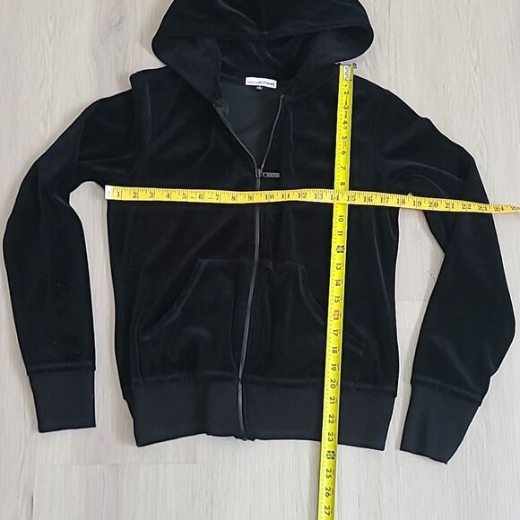Black Velvet Velour Tracksuit Hooded Jacket Size Large Y2K Hoodie Soft Full Zip - Picture 3 of 5